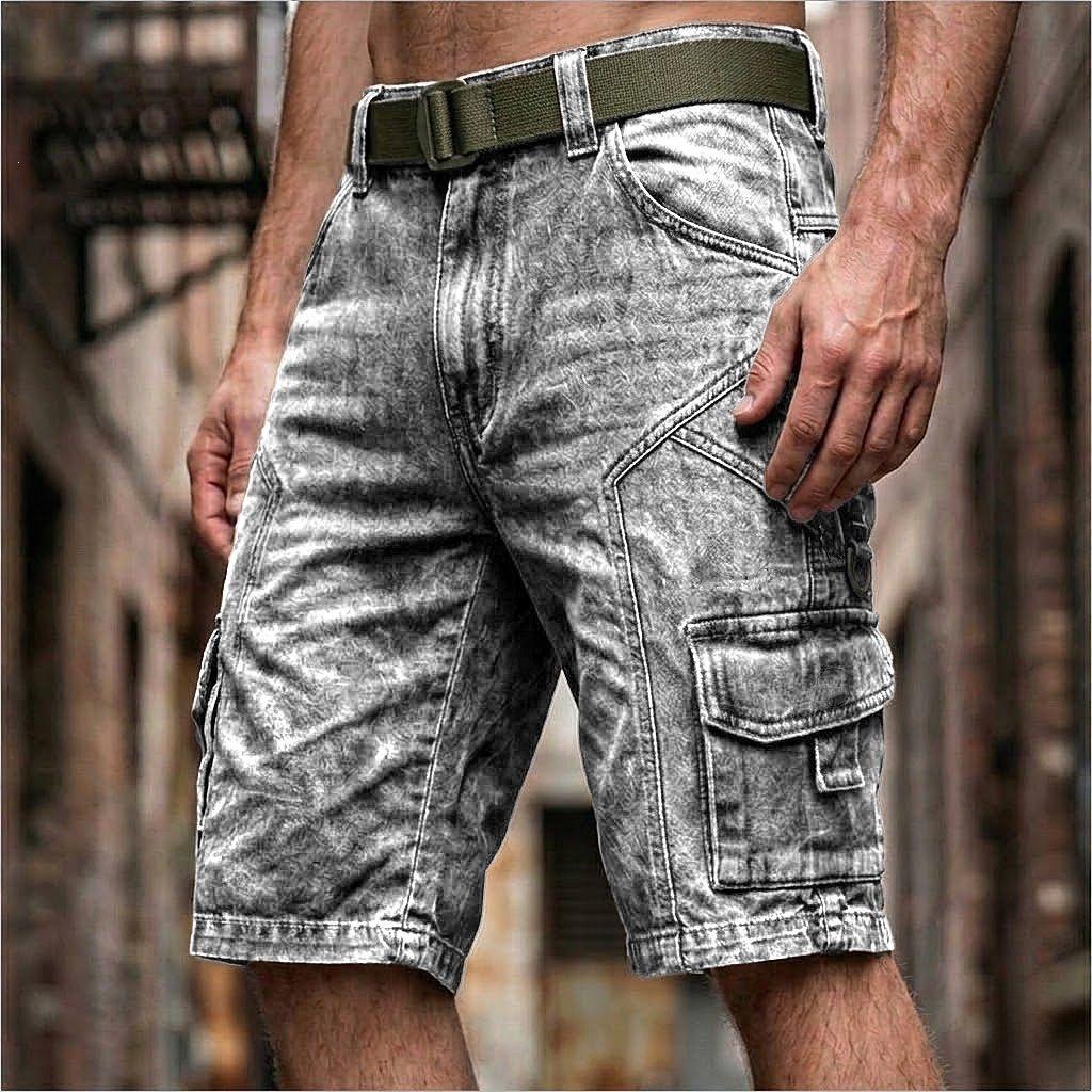 Letní Pánské Džínové Šortky Cargo s Více Kapsami Denní Ležérní Streetwear Vintage Jednobarevné Módní Džínové Šortky Muž