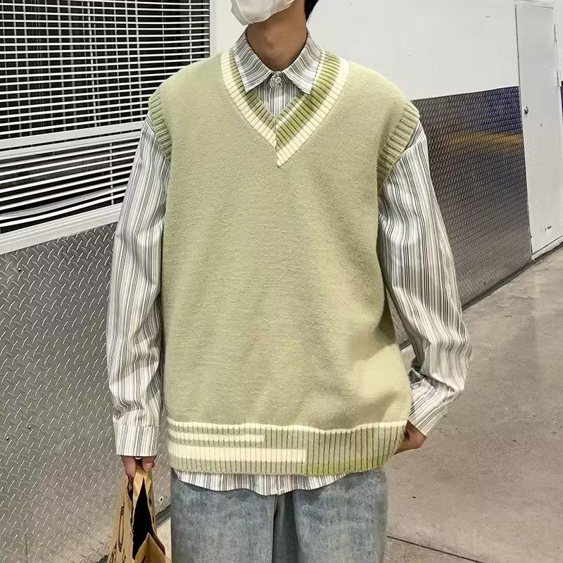 College-Style Knitted Wool Vest - Men's Autumn/Winter Casual Fashion Sweater