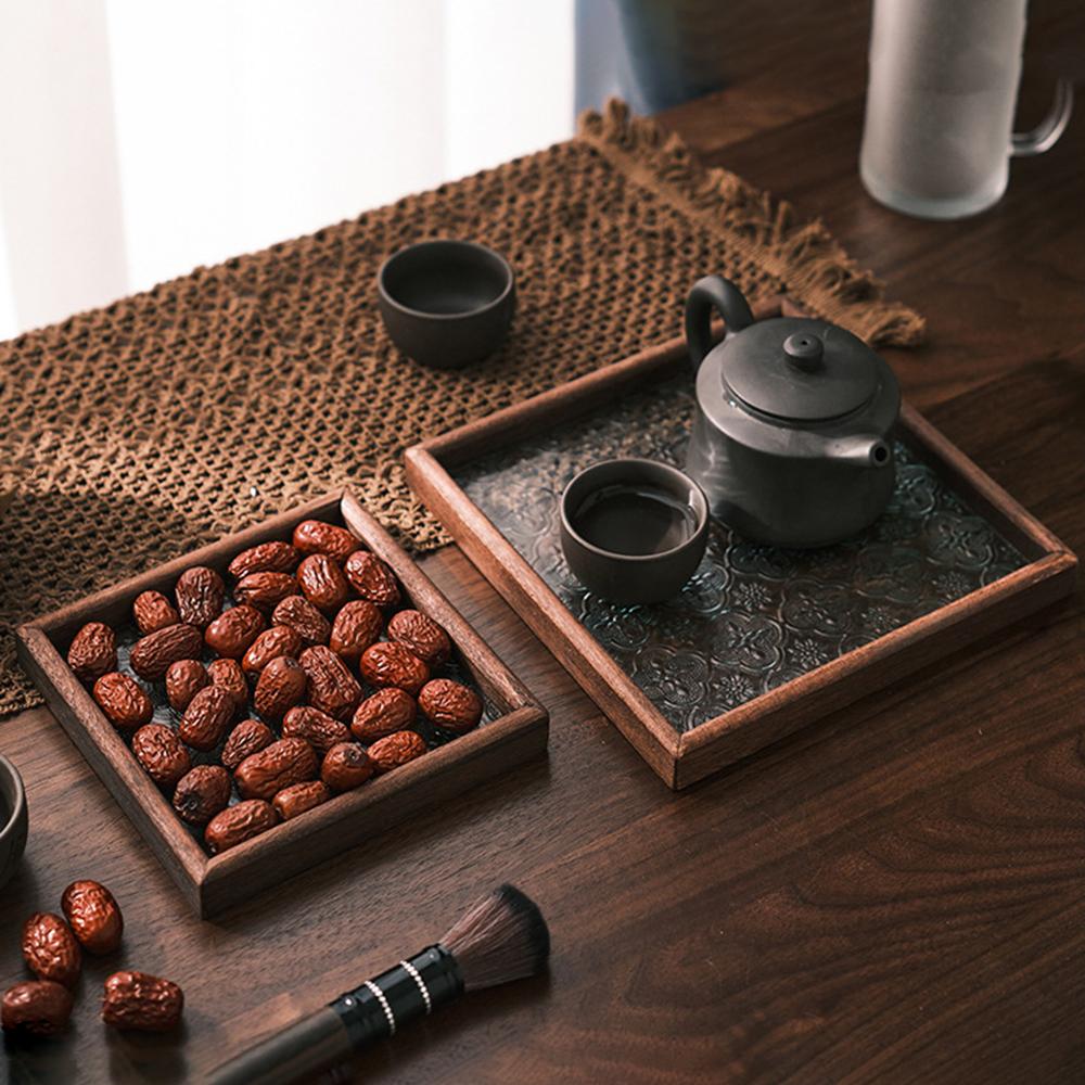 1PC Vintage Wood Glass Walnut Color Snack Storage Box Tea Tray Dry Fruit Snacks Household Tray Storage Box