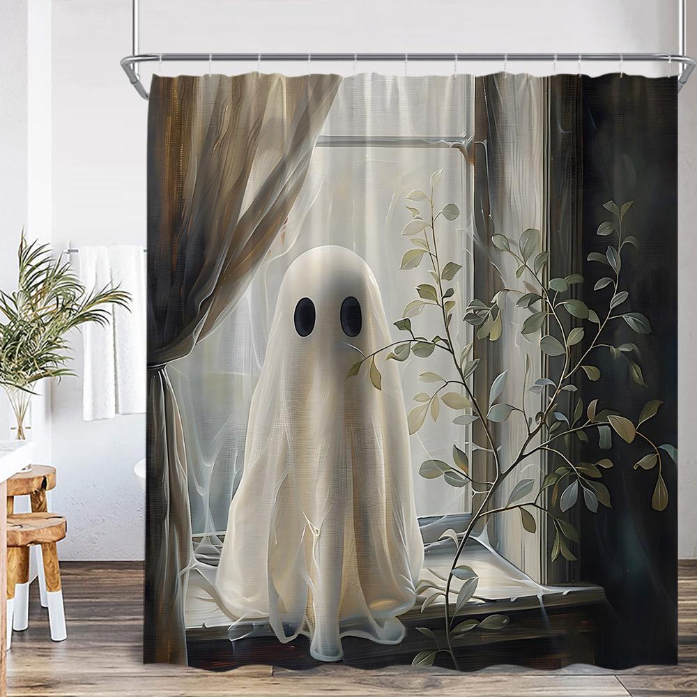 White Ghost Halloween Spectre Shower Curtain Pumpkin Lanten Spooky Happy Halloween Bathroom Decor Polyester Fabric Bath Curtain