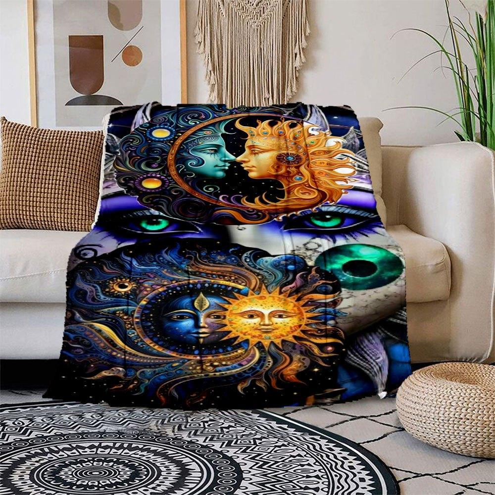 Colorful Sun & Moon Face Mandala Art Print Blanket Flannel Throw Blanket for Sofa, Bed, Travel, Camping, Office 100x150cm