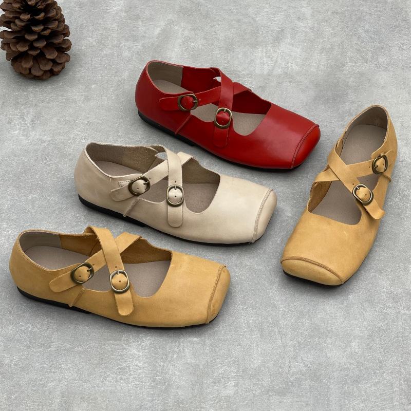 Johnature Handmade Cross Buckle Genuine Leather Soft Soled Flats Square Toe Soft Cowhide Women's Shoes