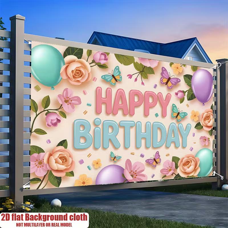 2D Pastel Floral Butterfly Backdrop Happy Birthday for Girls Themed Photo Booth Background