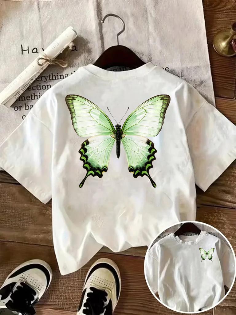 Summer Green Butterfly Printed Tshirt Womens Round Neck Short Sleeve Top Versatile White Half Sleeve D Insect Art Butterfly
