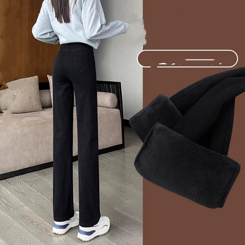 Lente Winter Plus Fluweel Dames Jeans Knoop Hoge Taille Effen Broek Zakken Verdikken Mode Casual Rechte Broek