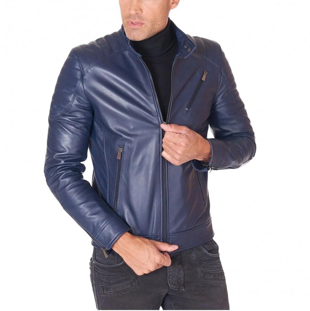 Men's Jacket Navy Blue Handmade Leather Genuine Lambskin Biker Stylish Soft Fit