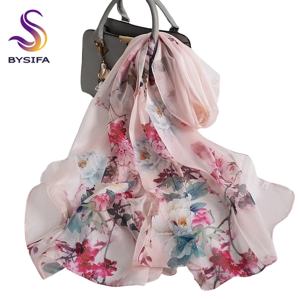 [BYSIFA] Women Chiffon Pure Silk Scarf Cherry Blossom Floral Design Long 100% Silk Shawl Scarf Purple Pink Silk Scarves Echarpes