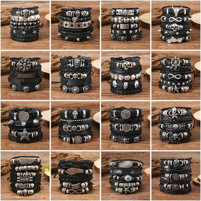 Alloy Men's Bracelet, Multi-layered Leather Skull Bangle, Viking Bracelet
