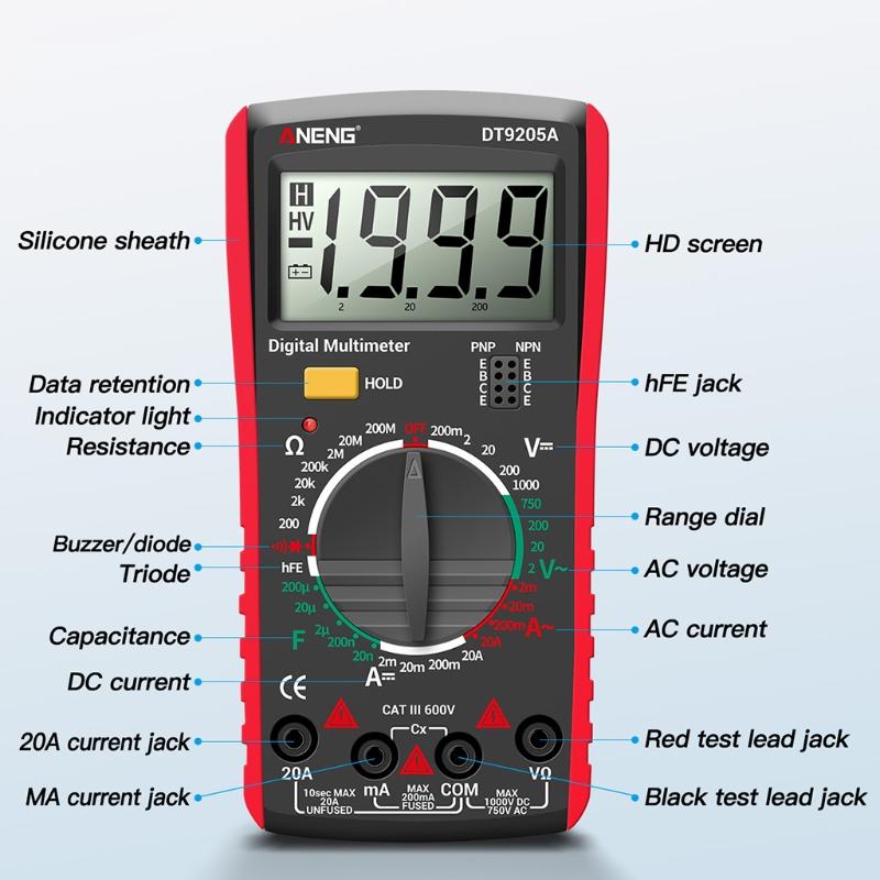 Practical Digital Multimeter 2000 Counts Transistor Diode Meter Tester AC/for DC hFE Capacity Diode Tester Electrical To