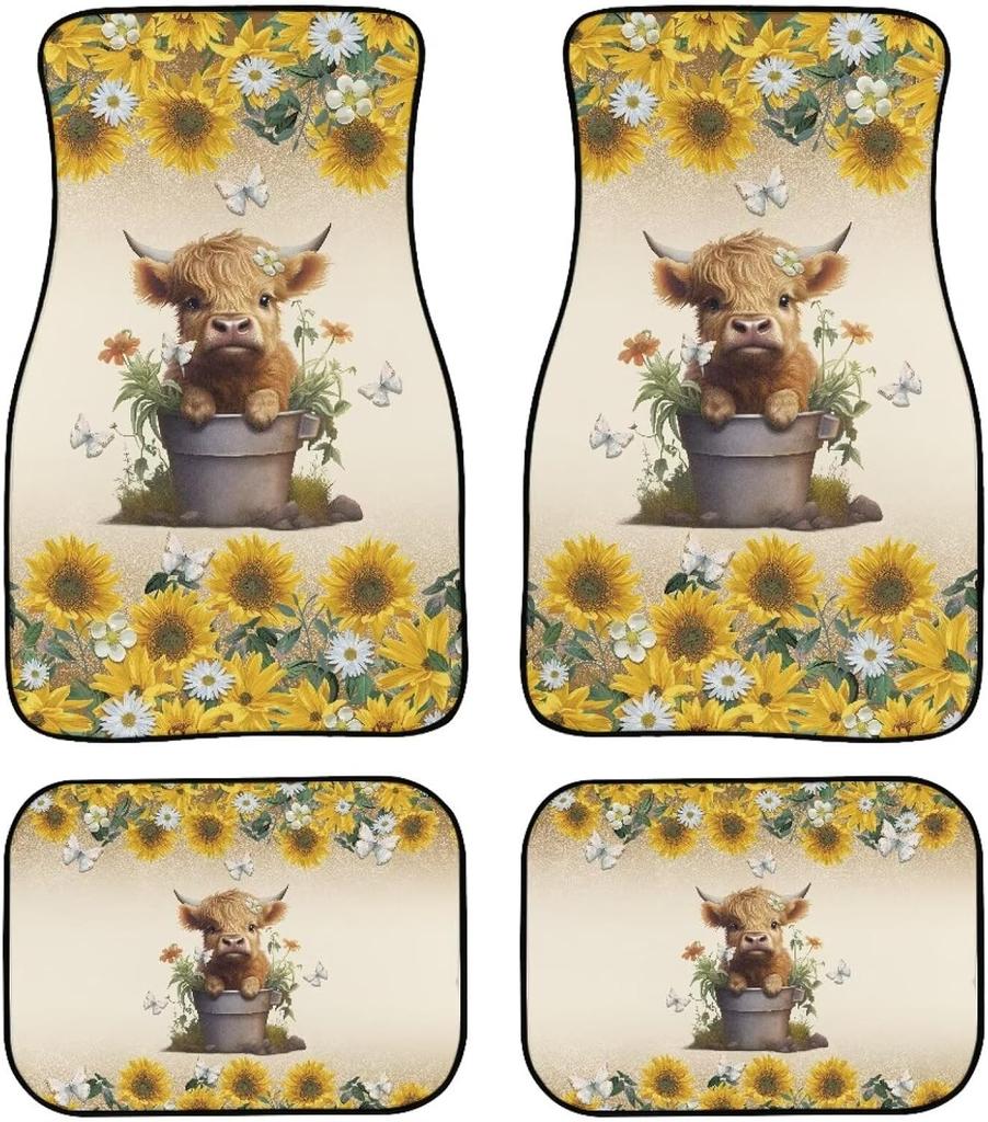 Universal Fit Auto Carpet Floor Mats Set of 4 for Women Girls Decorative Boho Floral Print Car Floor Mats Front & Rear Liners Set