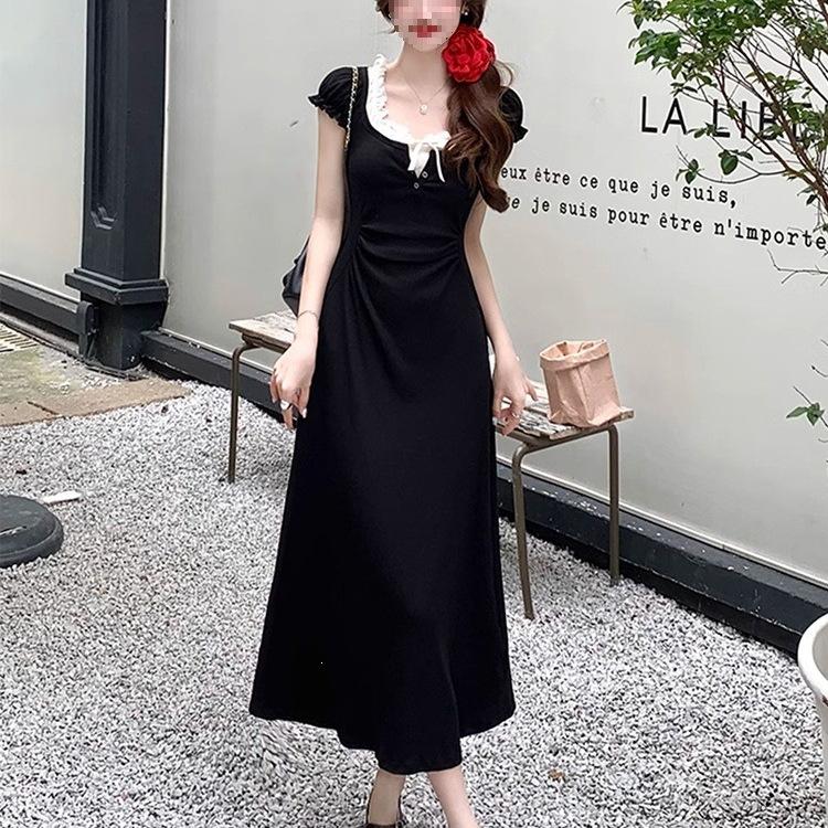 French Hepburn Style Fake Two-piece Short-sleeved Slim Temperament Black Slim-fit Knitted Dress Women's Summer Small Black Skirt