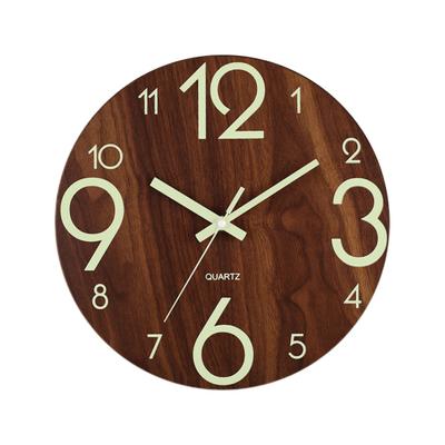12 Inch Wooden Wall Clock Glow-in-the-Dark Clock Dark Brown MDF White Numbers Silent Home Decoration Modern Wall Clock