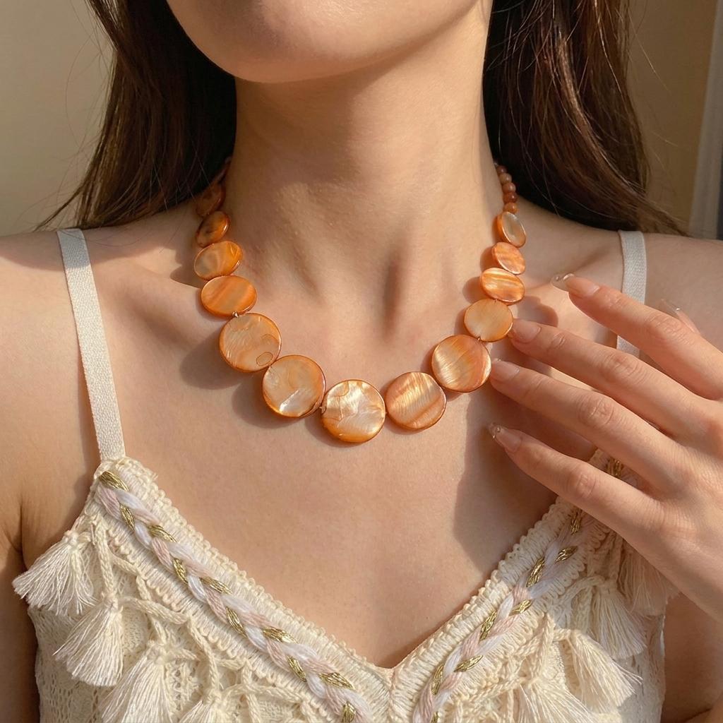 Urlaubsstil Weißes Muschel-Scheiben-Halskette für Damen Luxuriöse Runde Muschel-Perlen-Schlüsselbein-Kette Minimalistischer Vielseitiger Schmuck