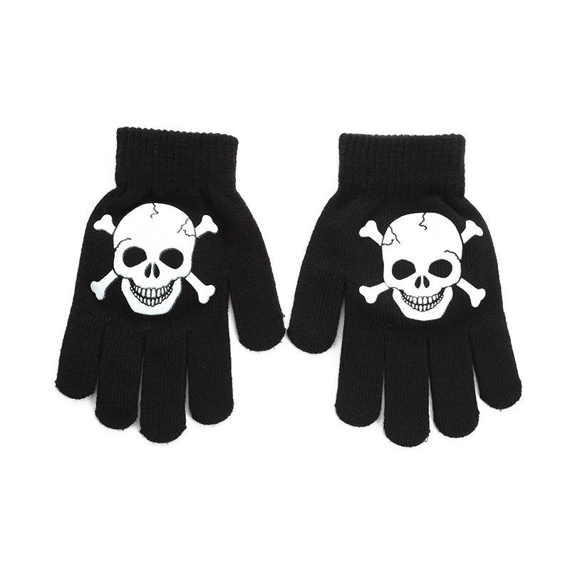 

Halloween Black Offset Printed Gloves Funny Skull Knitted Finger Gloves Outdoor Cycling Warm Gloves