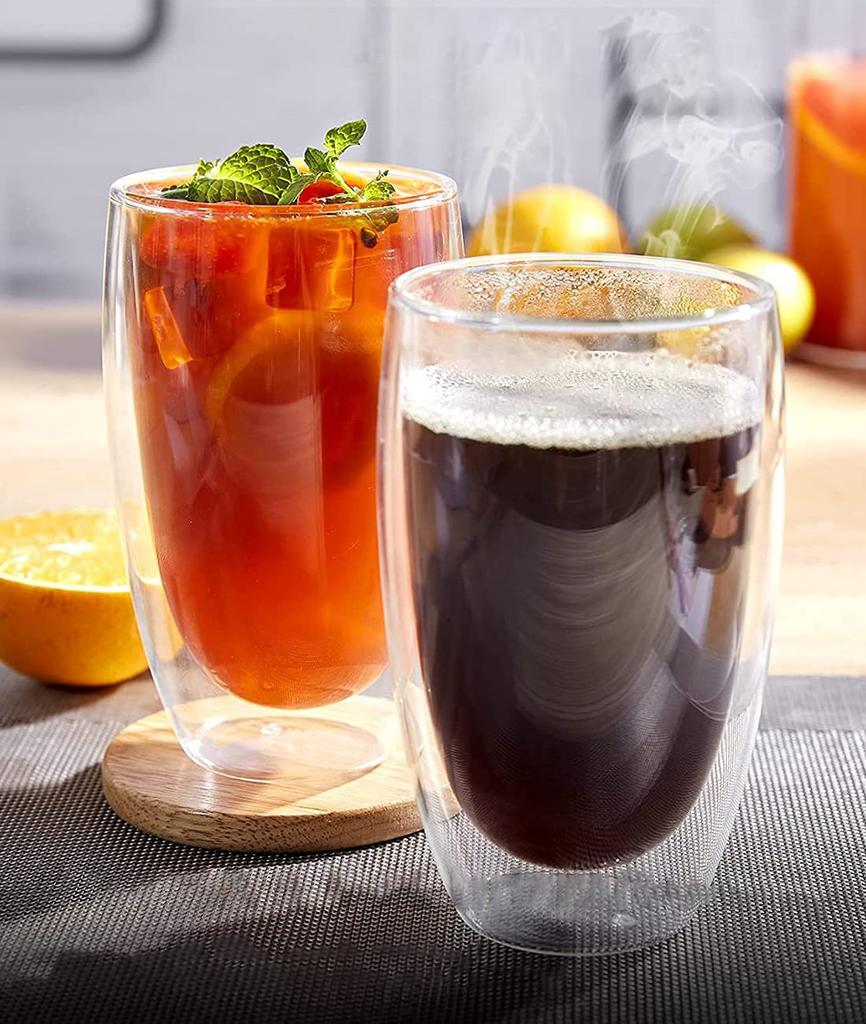 Yiteng Double-Walled Glasses, Set of 2, 450ml, Heat-Resistant, Double-Walled, for Coffee, Keeps Drinks Hot or Cold, Transparent, Condensation-Free, Mu