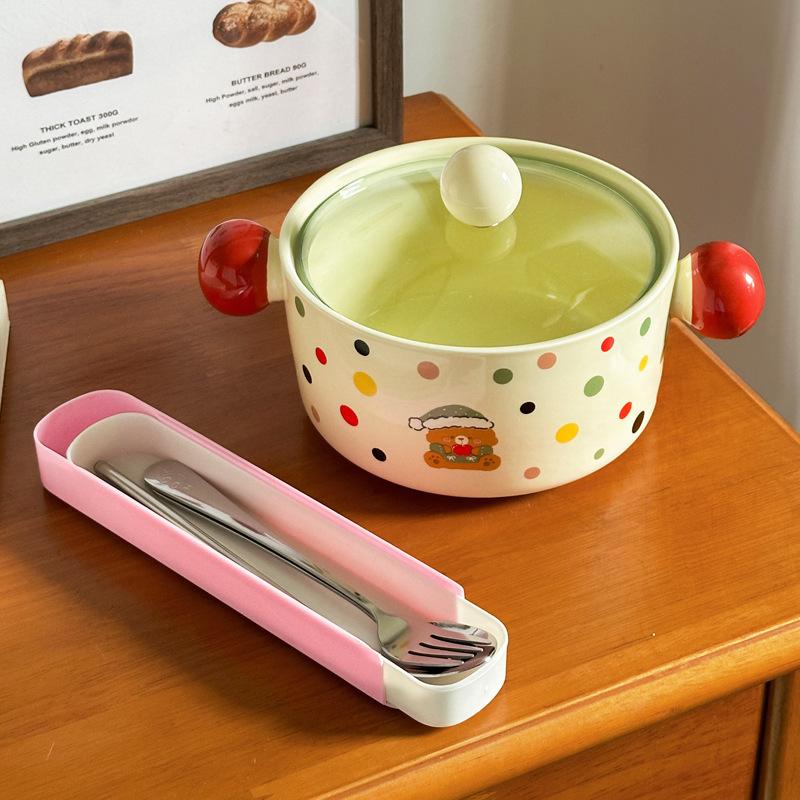 ins cartoon polka dot instant noodle bowl with lid student dormitory snail powder bowl binaural ceramic soup bowl high-value tableware