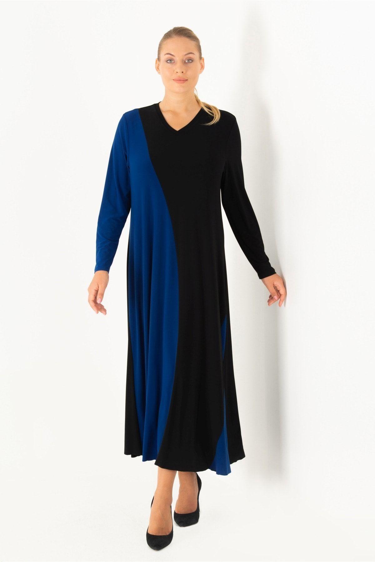 

Women s Big Size Dress Plus Size Saks Two-Tone V-Neck Dress
