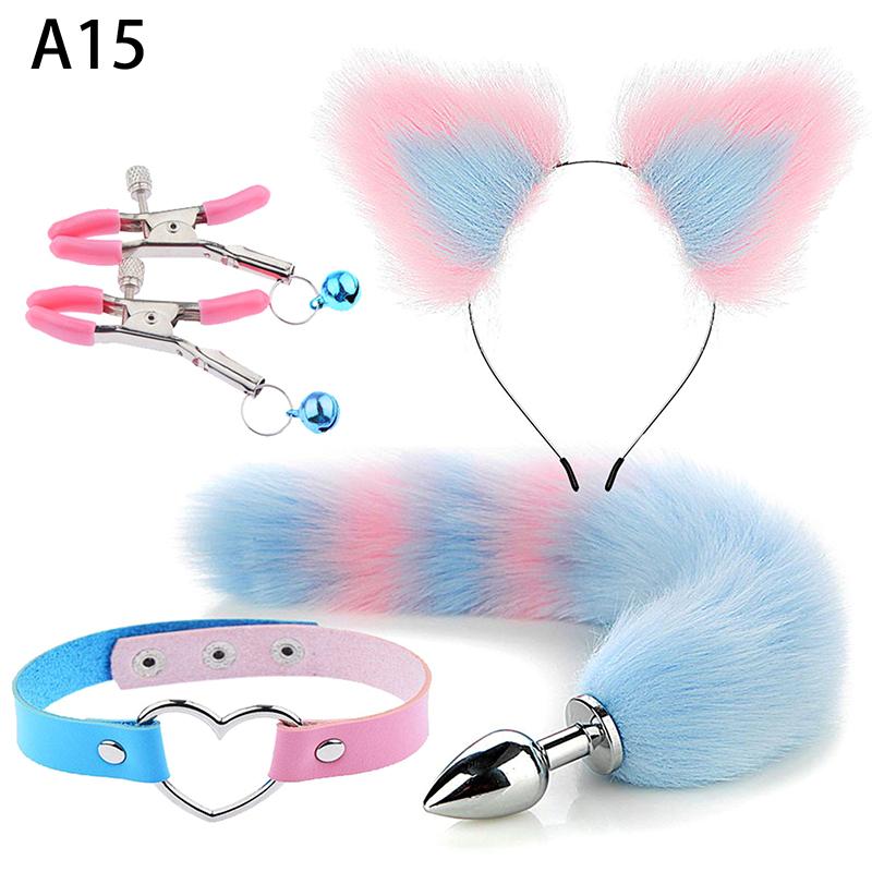 4Pcs Set Cute Fox Butt Tail Collar Anal Plug Nipple Clamp Soft Cat Ears Headbands Cosplay Adult Sex Toys Accessories
