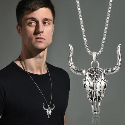 Collier Tête de Taureau Sauvage Crâne Homme Acier Titane - Pendentif Rétro Western Punk