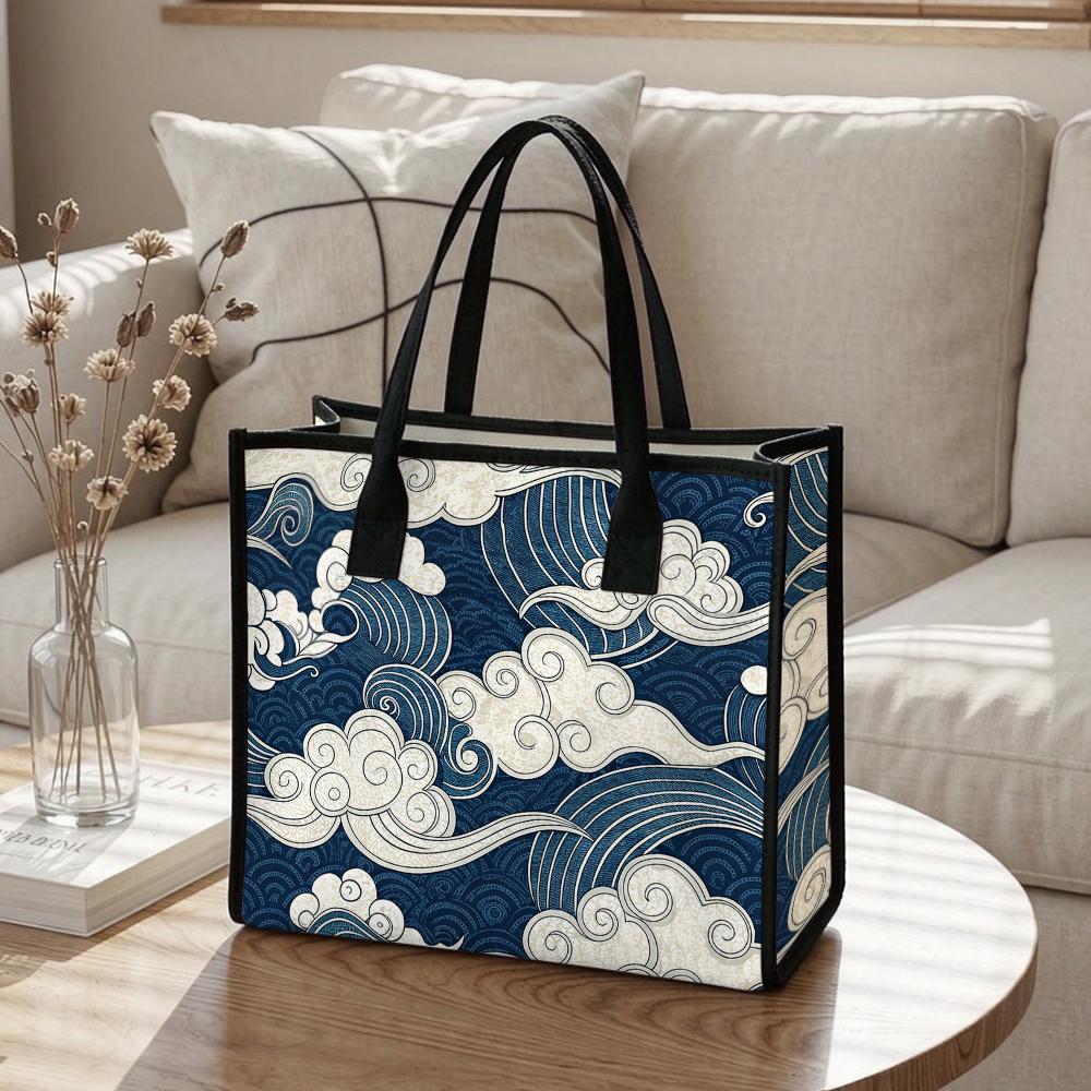 Japanese Wave Pattern Tote Bag Large Capacity Daily Use Shoulder Bag for Women