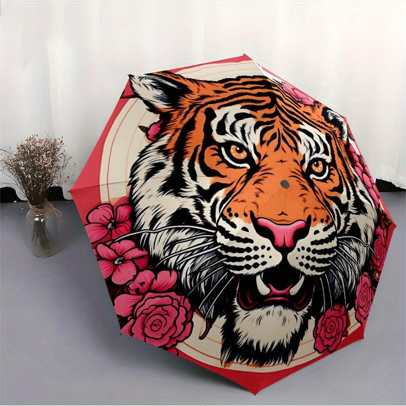 1pc Tiger Flowers Automatic Open/close Folding Compact Umbrella, 8-Rib Sturdy Canopy, Lightweight Portable, Everyday Use, Gift,049