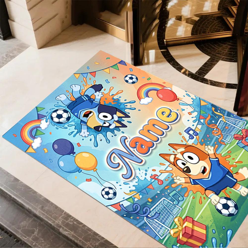 Soccer Fun Bluey Personalized Name Floor Rug Office Rug Perfect for Balcony Game Room Hallway Dormitory Anti-slip Rug Anime Office Decor Spiritual Gif