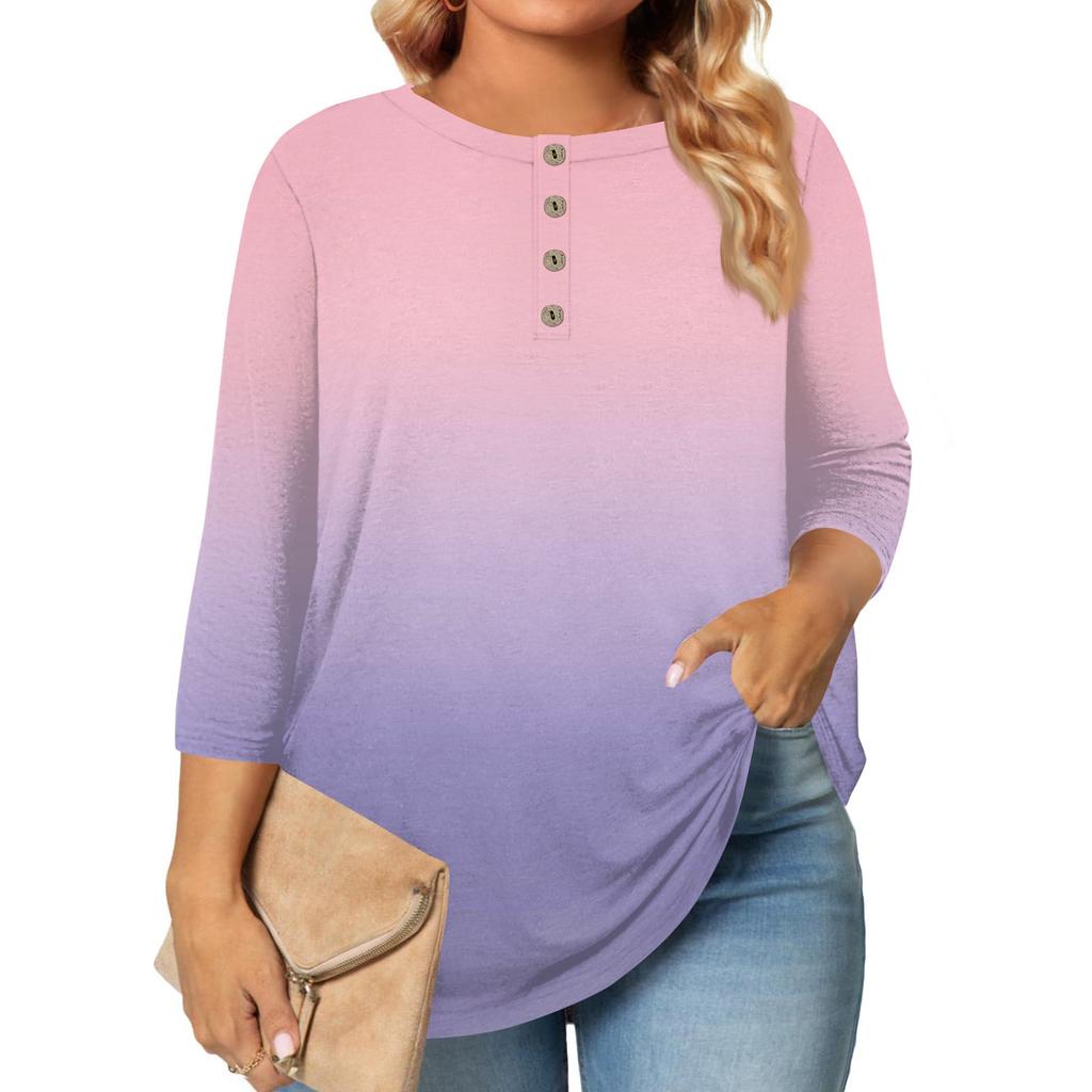 Women's Large Size Print 3/4 Sleeve Button Collar Top T-Shirt Bottoming Shirt