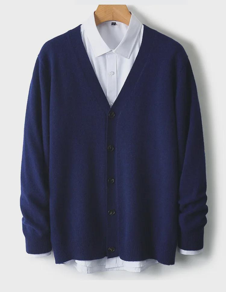 Pánský kašmírový vlněný kardigan svetr s výstřihem do V - Volný jednobarevný, Dlouhý rukáv, Ležérní univerzální (2024).