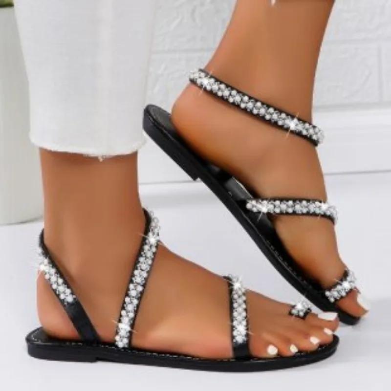 Fashion Casual Sandals Women 2024 Plus Size Female Shoes Thong Women's Sandals Outdoor Crystal String Bead Slip on Flat with Shoes Women