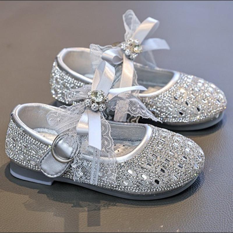 Girls Silver Crystal Princess Leather Shoes Kids Spring Fashion Flat Shoes Children Dress Shoes for Performance