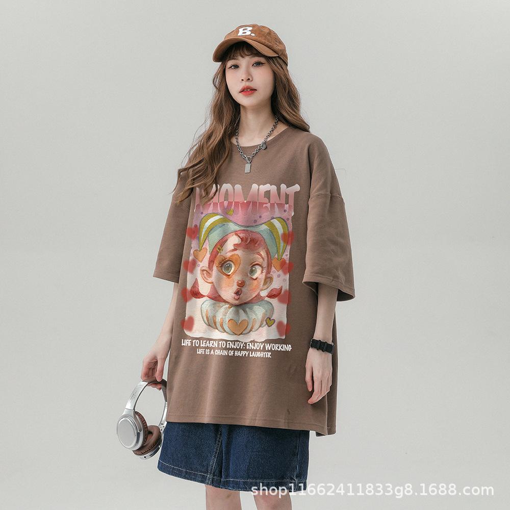 

Sweet and cute t-shirt women s short-sleeved summer loose pure cotton half-sleeved age-reducing foreign-style meat-covering top large-size clothing 3XL темно-коричневого кольору