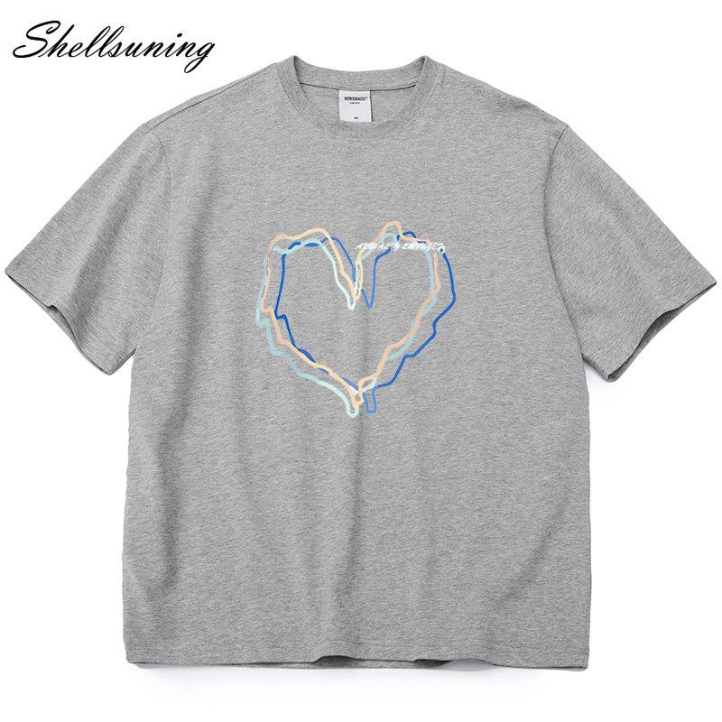 Shellsuning Loose O Neck Cotton Printed Shirts Women Summer Kawaii Heart Graphic Tees Female Casual Short Sleeve Base Black Tops