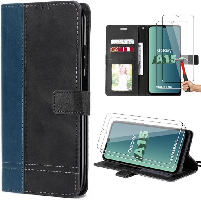 Coque - BOOLING - Samsung Galaxy A15 - Pliable - Effet Cuir Bicolore - 2 Verres Trempés