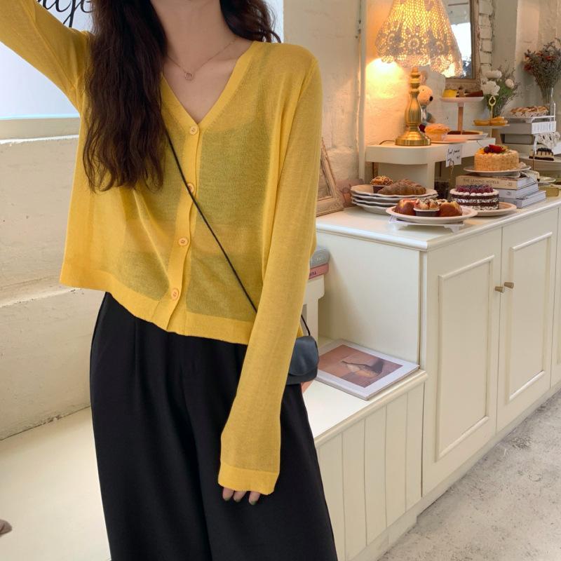 Women Summer Thin Knitted Shirt Top Cardigan V-Neck Full Sleeve Single-breasted Sunscreen Loose Solid Color