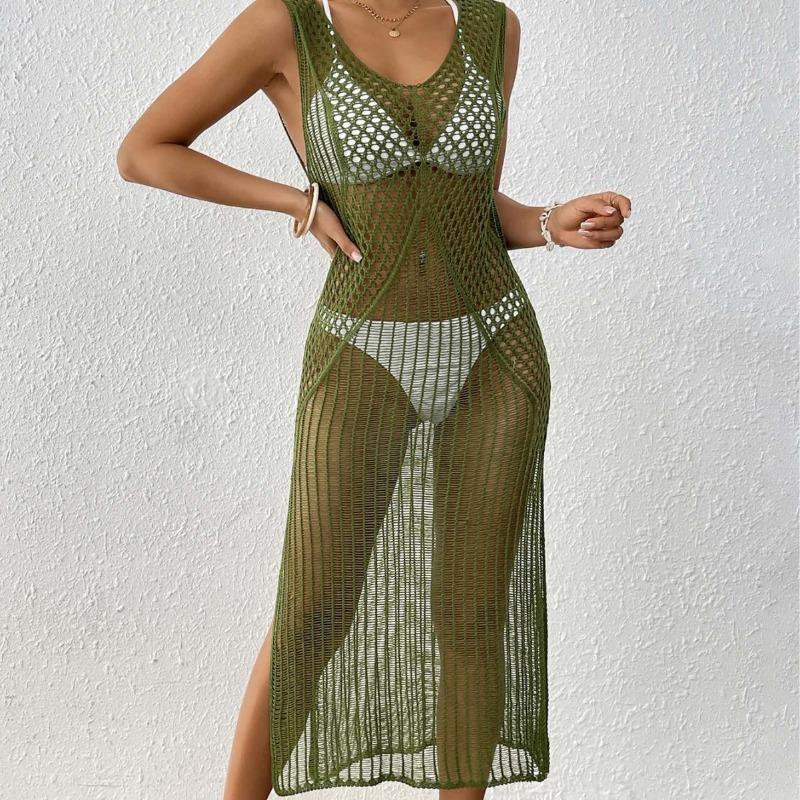 Women's Holiday Beach Hollowed Out Woven Sundress Long Sexy Slit Dress