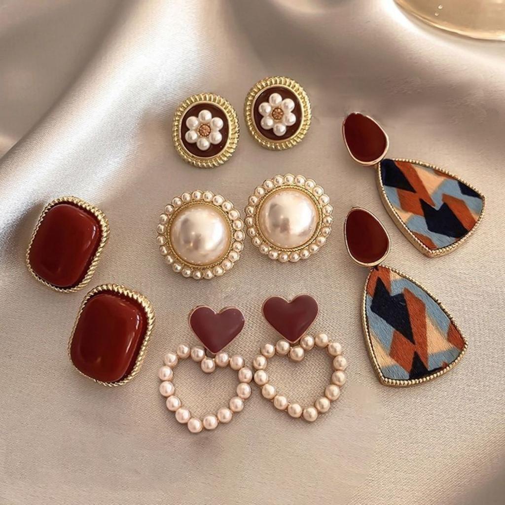 Temperament Geometric Red Enamel Drop Earrings For Women Retro Square Imitation Pearl Flower Heart Round Earrings Luxury Jewelry