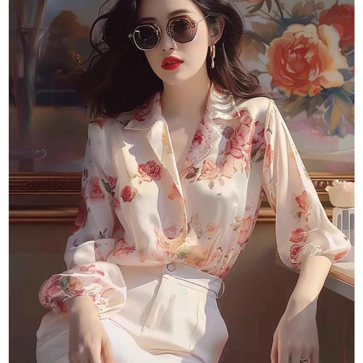 A niche floral retro Hong Kong style shirt for women, high-end and fashionable versatile top