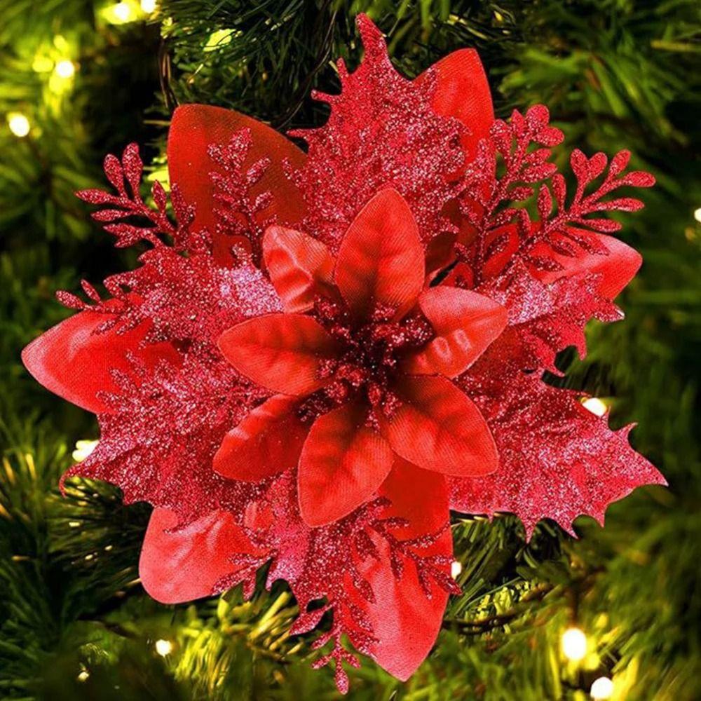 12Pcs With Clips Glitter Xmas Tree Ornaments Multi-color Christmas Floral Decorations  Wedding Decor