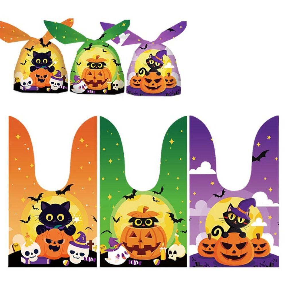 50pcs/bag Pumpkin Cat Ghost Printed Halloween Candy Bag Rabbit Ear Plastic Bag  Halloween Party