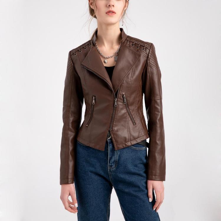 Stylish Women Faux Leather Moto Jacket Retro Lacing Detail PU Biker Coat Casual Zip Up Outerwear Slim Fit Short Classic Plus Size S-4XL