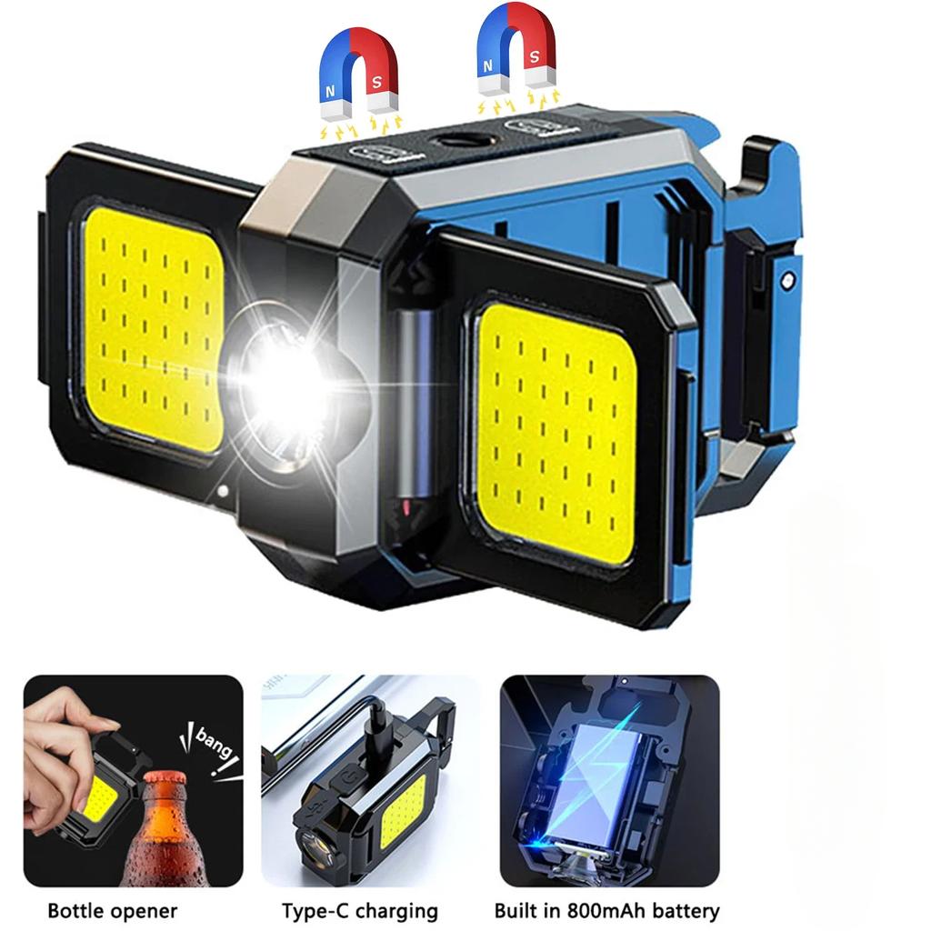 Mini Flashlight Keychain Light COB Work Light USB Rechargeable Lamp with 90° Foldable Side Lights Super Bright Portable Lanterns