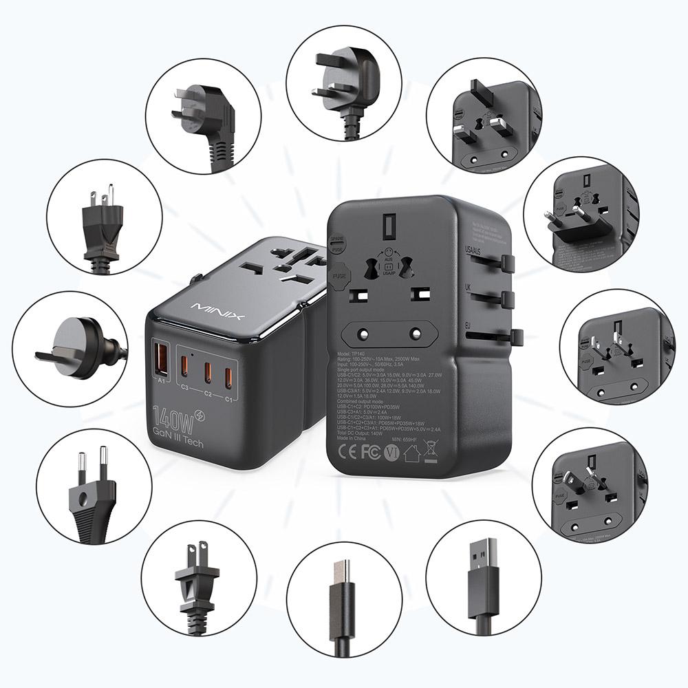 Adaptor Universal de Călătorie MINIX TP140 140W, 3*USB-C 1*USB-A