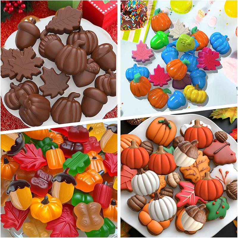 Fall Silicone Mold For Halloween Thanksgiving Pumpkin Maple Leaf Acorn Shape Chocolate Jummy Candy Cookies Mold Harvest Theme