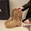 New Style Fashion Thick Soled Fringed Women's Retro Comfortable Western Cowboy Boots Square Heel Short Leg Knight Boots Platform
