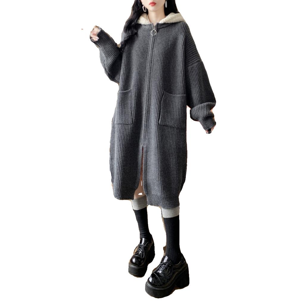 Höst Damer High-end Lös Lång Kappa Dam Färgblockering Falsk Tvådelad Huva Stickad Kofta