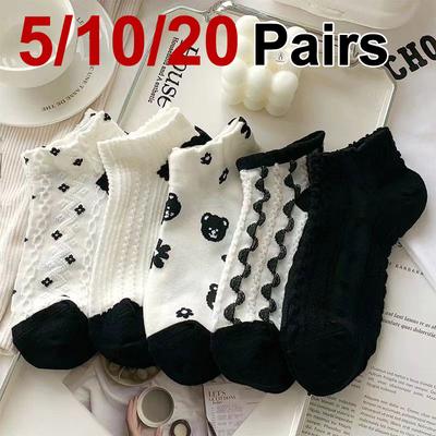 5/10/20 Pairs Women Cartoon Flower Printed Short Socks Cute Sweet Style Soft Comfortable Sweat Absorbing Breathable Casual Socks