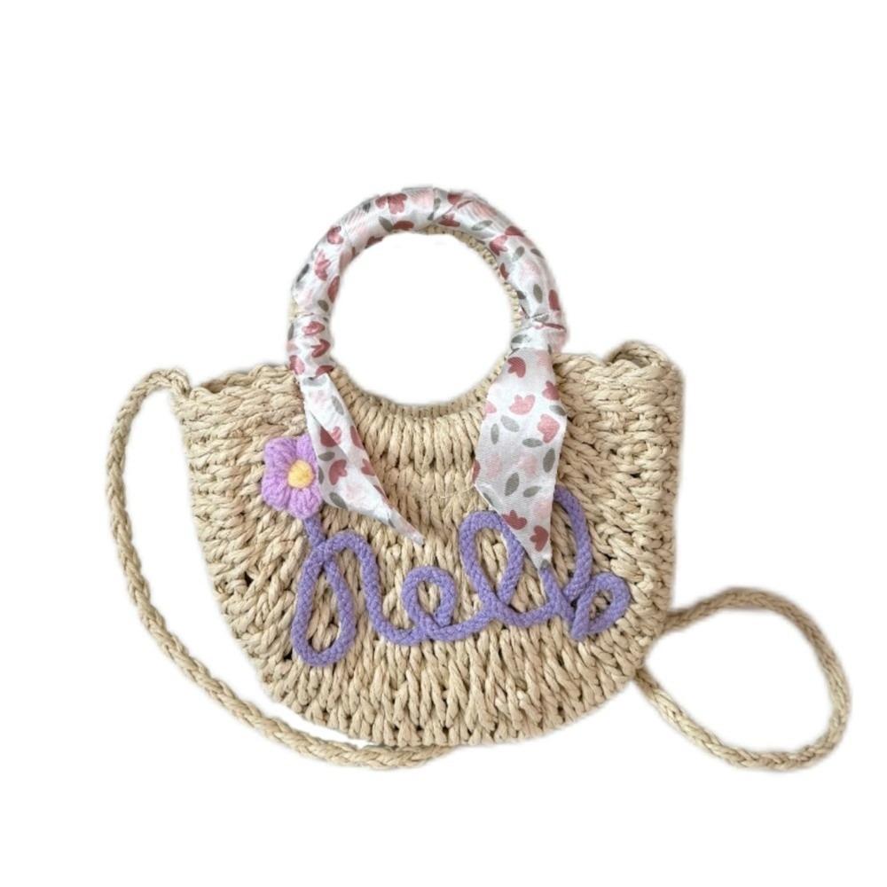 Moon Shaped Woven Underarm Bag Ribbon Knitted Shoulder Bag Fashion Beach Straw Bag  Travel