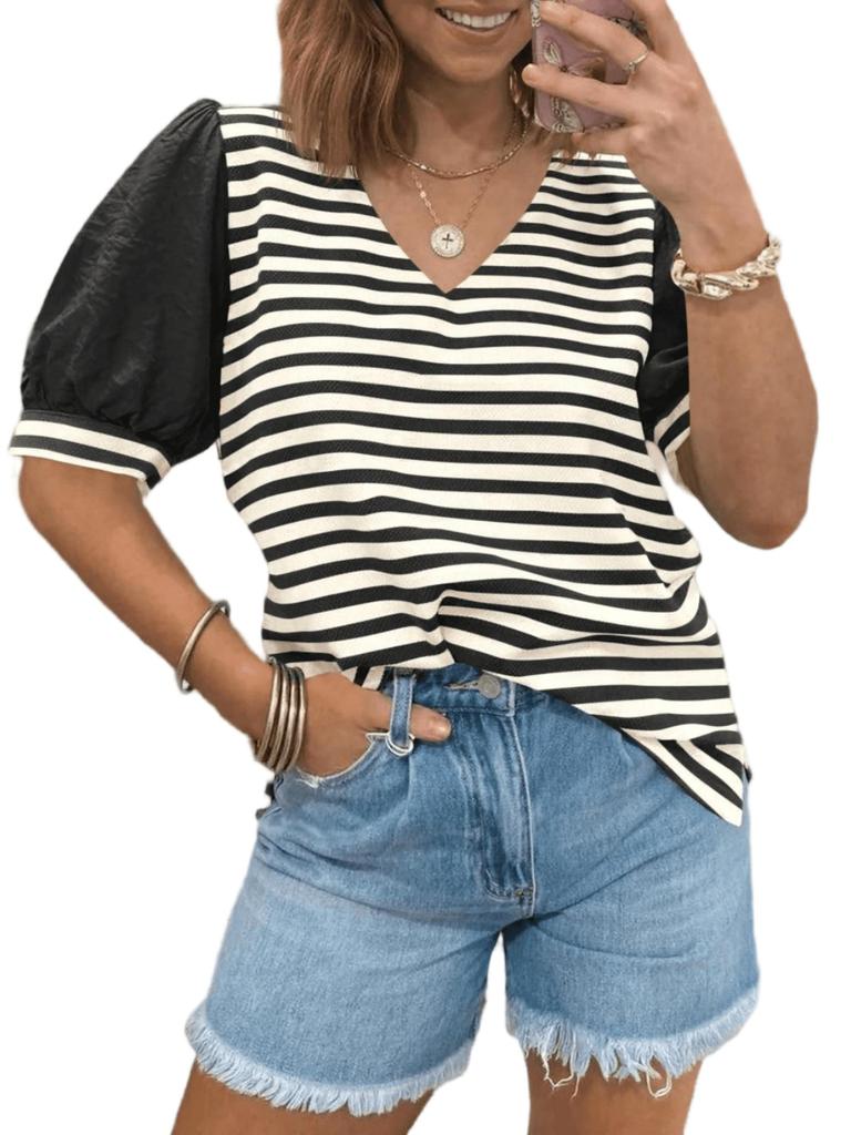 Women's Striped Color Block V Neck T Shirt Puff Sleeve Oversized Casual Top