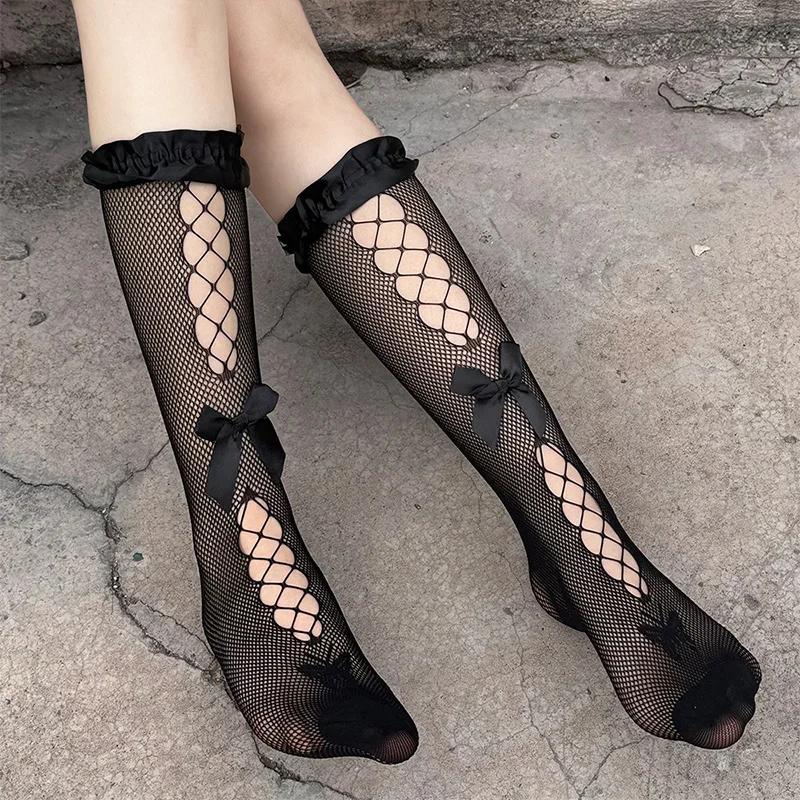 Lolita Girls Bow Hollow Long Socks Sweet Japanese Fishnet Tide Lace Knee High Stockings Silk with Bow Cross Ties JK Thin Socks