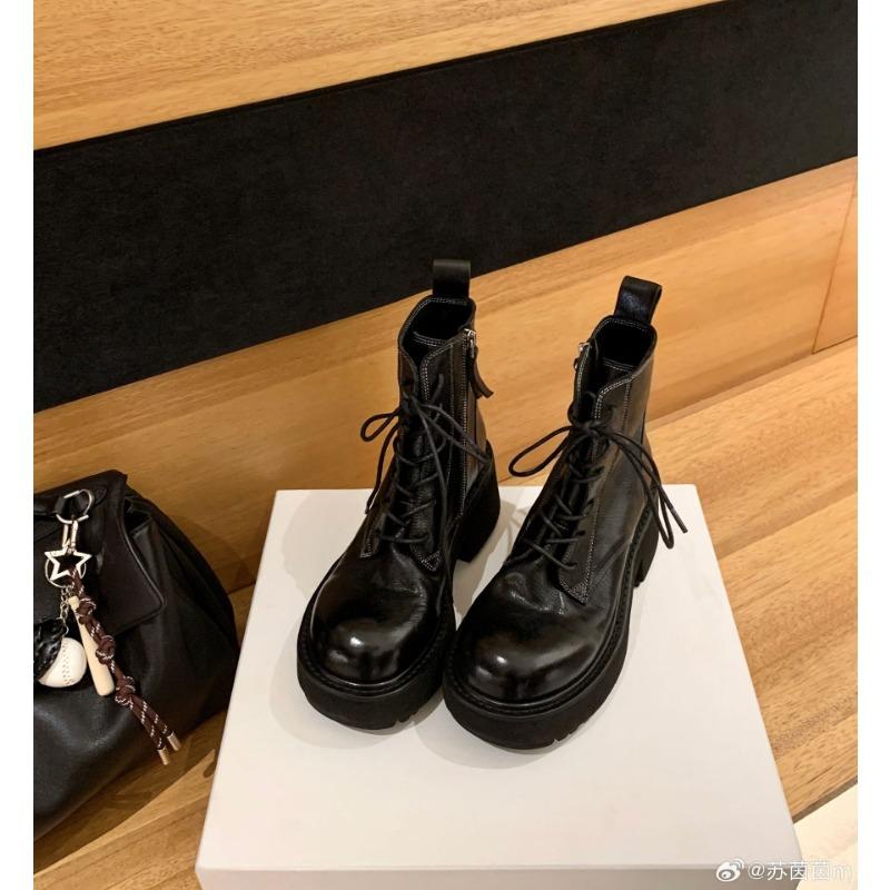 

! Shoes washed horse leather lace-up thick heel heightening short boots Martin boots autumn 34 чёрный